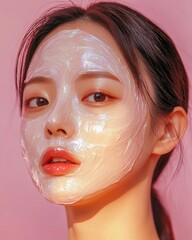 Closeup of a Korean woman receiving hydrating mask flawless skin natural beauty expression clean isolated on a pastel background premium skincare and beauty portrait