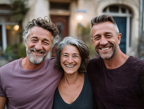 Three mature adults smile happily together outside of a building with their arms interlocked close together.
