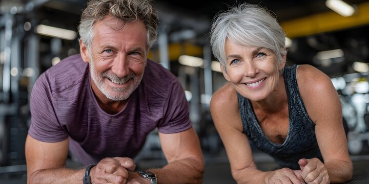 Smiling senior couple planking together at the gym demonstrate healthy active lifestyle and fitness routine. - Powered by Adobe