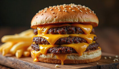 Delicious Triple Cheese Burger with French Fries