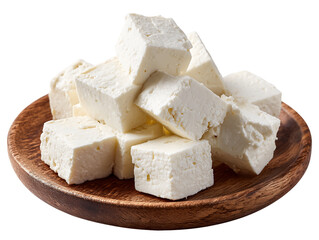 White Cheese Cubes on Wooden Plate Isolated on Transparent Background, PNG