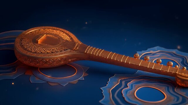 An abstract render of a golden veena surrounded by floating sound waves shaped like rangoli patterns, glowing in a deep royal blue space with subtle sparkles.
