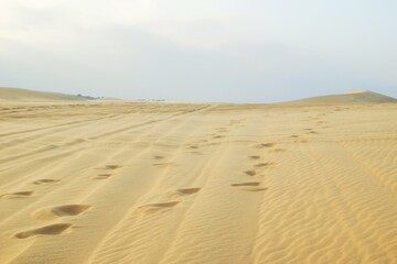 Desert Landscape with Footprints and Tire Tracks. Scenic Adventure. Mui Ne, Vietnam, White Dunes.