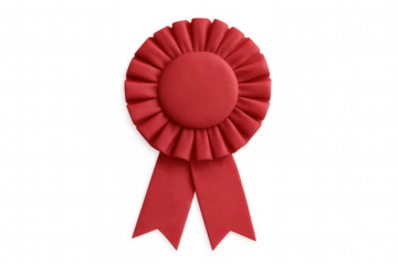 Glossy red pleated ribbon rosette hanging, symbolizing achievement, victory, triumph against clean backdrop