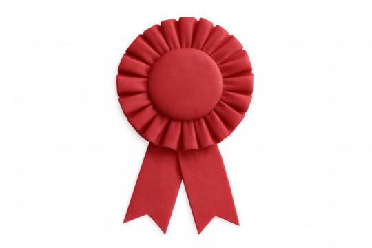 Glossy red pleated ribbon rosette hanging, symbolizing achievement, victory, triumph against clean backdrop