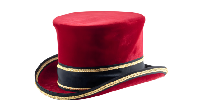 Red velvet top hat with black ribbon and gold trim, elegance on transparent background