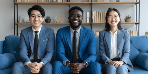 Three young diverse business professionals in suits smile while sitting together on a couch inside office.