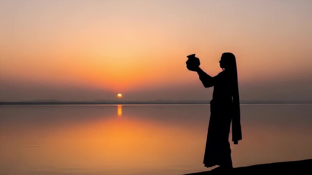 hindu woman worships sun during chhath festival
