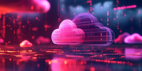 3D render of a server rack with a cloud icon in a data center,