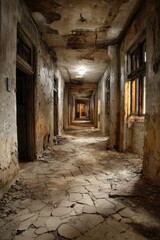 Obraz premium A long, desolate hallway in a crumbling building, featuring peeling paint, cracked flooring, and decaying doors and windows, lit by a single overhead light