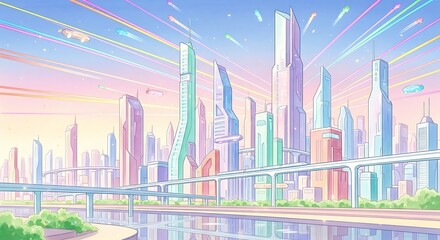 Pastel colored futuristic city skyline with elevated roadways and colorful streaks in the sky above