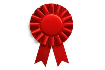 Glossy red pleated ribbon rosette symbolizing achievement, success against transparent background