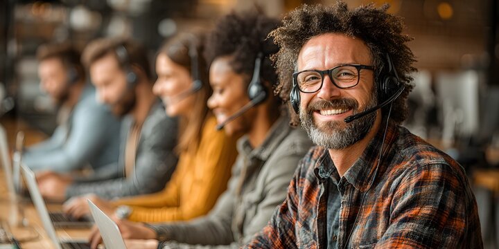 Smiling friendly man works with diverse team in a busy call center providing customer support services.