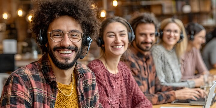 A diverse group of customer service agents smiles while working at their desks in a modern office space.