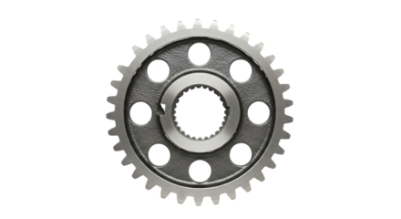 Metal gear with circular cutouts isolated on a transparent background