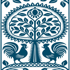 Folk Tree Rooster Seamless Pattern