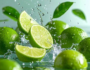 Floating movement of a lime fruit falls down, with water splashing around it