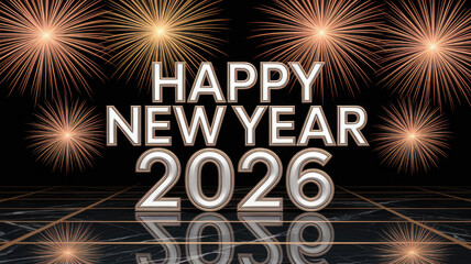 Happy new year 2026 with fireworks display and reflective surface