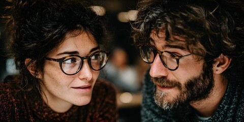 A brunette woman with glasses gazes intently at a bearded man also wea glasses in a close up moment.