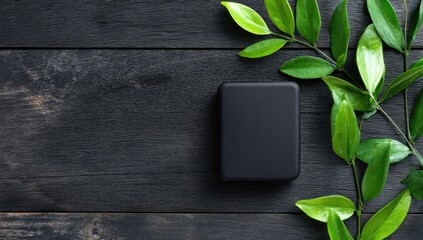 A matte black rectangular object rests on a dark wood surface, flanked by vibrant green foliage