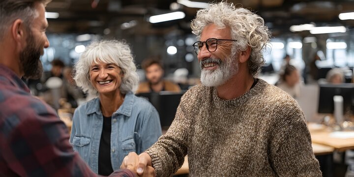 Two happy senior business partners shake hands at a successful meeting while a coworker smiles behind them.
