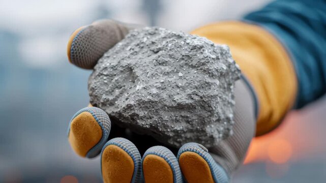 Production and discovery of silver ore. Increasing market demand for silver. Raw material for the technology industry. Worker&rsquo;s gloved hand holding a silver nugget.
