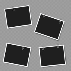Set of Blank Photo Frames with Clips. Realistic Mockup. Vector illustration