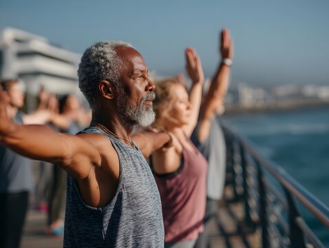 A diverse group of seniors stretches their arms du an outdoor yoga session near the ocean shore .