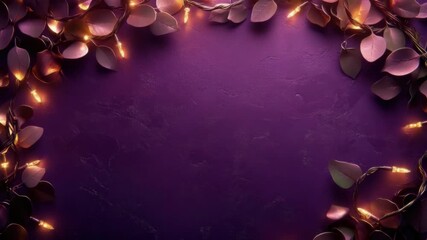 Purple textured background with autumn leaves and warm fairy lights. Merry Christmas, Nativity, Xmas, Noel, Navidad - Global Winter Holiday, Christian Religious Celebration. Happy New Year - Powered by Adobe