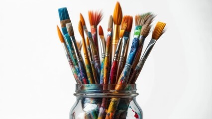 Assorted paintbrushes in a glass jar