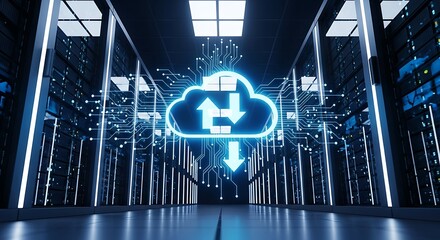 Digital cloud data flow in server room cloud computing