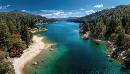 Panoramic aerial view of a pristine lake nestled between lush green hills, featuring a sandy beach and crystal-clear turquoise water under a vibrant blue sky with scattered clouds