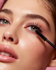 Closeup of a young woman applying mascara to eyelashes natural glowing skin long eyelashes even cosmetic lighting isolated on a soft pastel pink background premium makeup stock