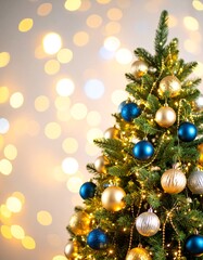 Obraz premium Decorated Christmas tree with gold, blue, and silver ornaments against a bokeh background