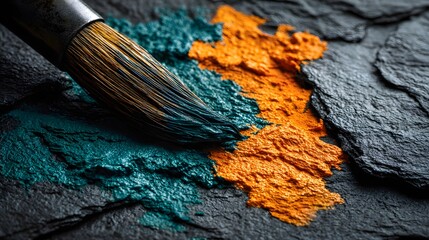 Fototapeta premium Paint strokes of teal and orange on dark stone.