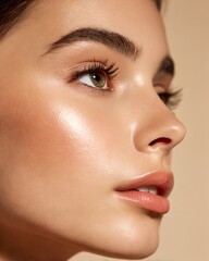 Closeup of a young woman blending contour on jawline dewy complexion wellgroomed eyebrows even cosmetic lighting isolated on a neutral beige background highfashion beauty closeup