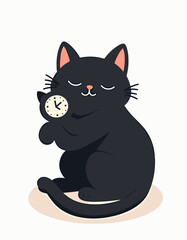 Cute black cat holding a clock
