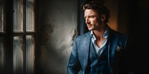 A handsome man in a stylish blue suit gazes out the window with a pensive expression in dim light.