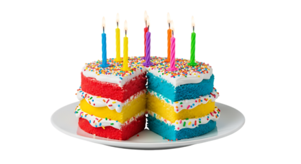 Colorful layered birthday cakes with lit candles isolated on a transparent background