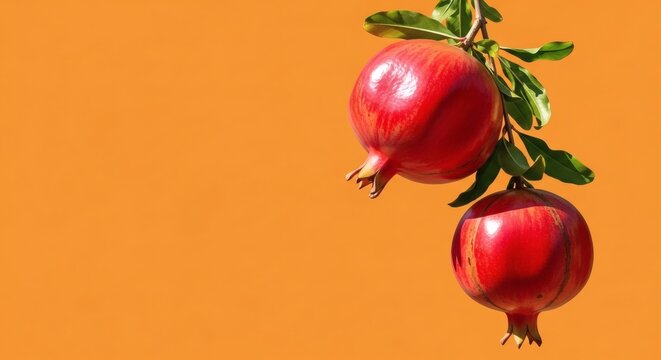 Two ripe pomegranates hang from a branch with green leaves against an orange background.