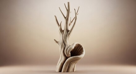 A surreal, artistic chair shaped like a hollow, bare tree trunk against a soft, gradient background.