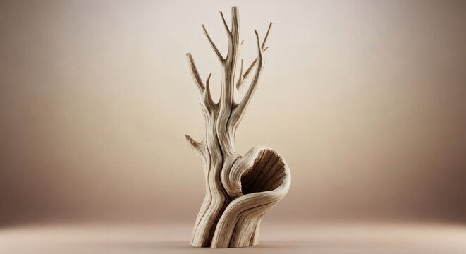 A surreal, artistic chair shaped like a hollow, bare tree trunk against a soft, gradient background. - Powered by Adobe