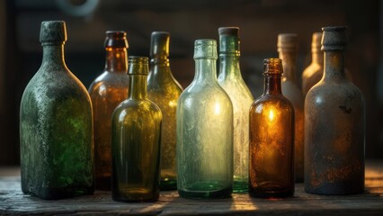 Aged glass bottles on a wooden table
