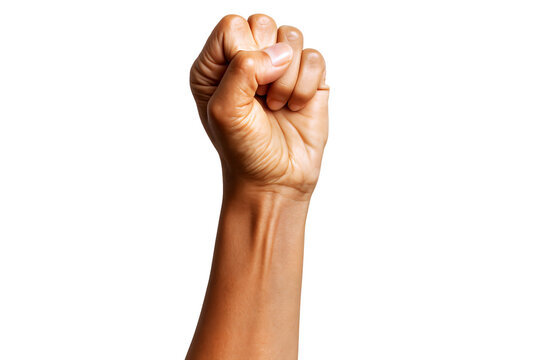 A raised fist symbolizing strength and unity, against a clear background.