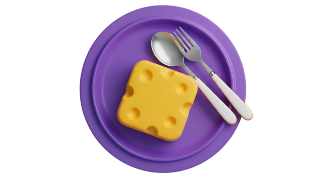 Cheese on purple plate with cutlery isolated on a transparent background - Powered by Adobe