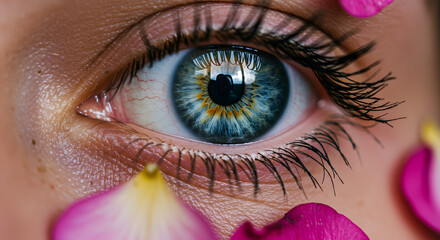 Captivating close-up of a blue eye surrounded by delicate flower petals creating an artistic