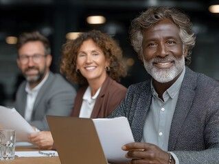 A smiling African American businessman leads a diverse team du a collaborative meeting at the office.