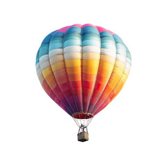 Naklejka premium A vibrant hot air balloon with multicolored panels, showcasing shades of red, orange, yellow, blue, and pink, floats against a black background