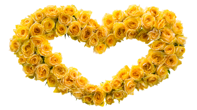 Yellow roses heart, floral love symbol, romantic blossom arrangement on transparent background