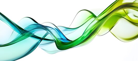 3D render, abstract glass curved lines with green and blue colors, isolated on a white background